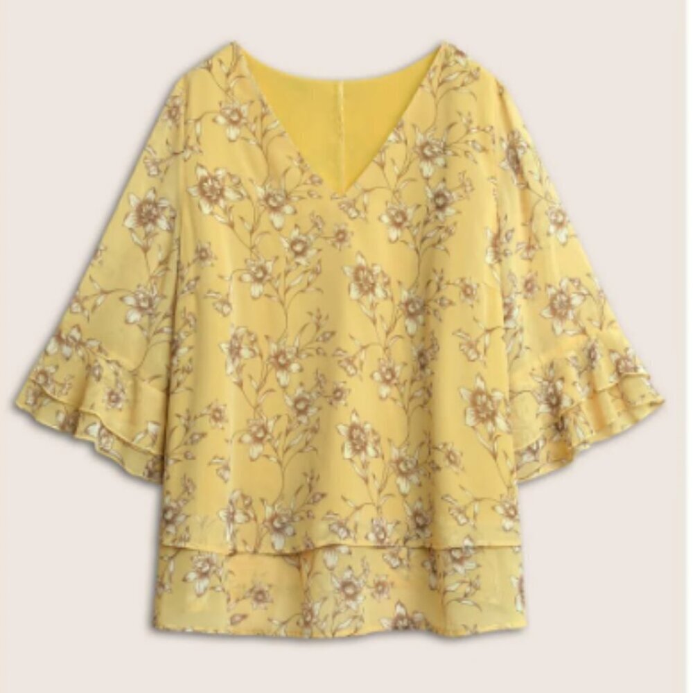 BloomChic Plus Size Daffodils Print Tiered Ruffle Sleeve Mesh Blouse